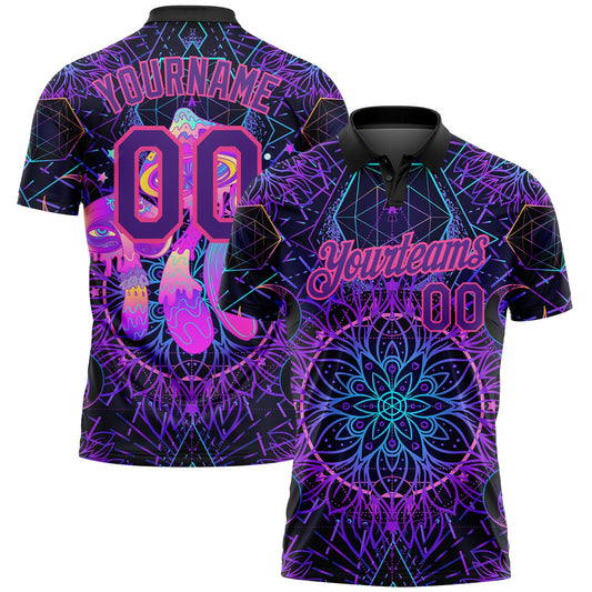 Custom Black Purple Pink 3D Pattern Design Magic Mushrooms Over Sacred Geometry Psychedelic Hallucination Performance Golf Polo Shirt - Main View