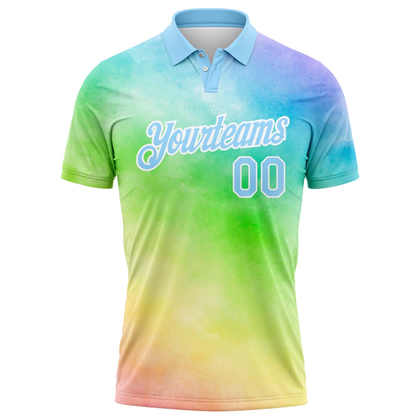 Custom Tie Dye Light Blue-White 3D Rainbow Performance Golf Polo Shirt view 2