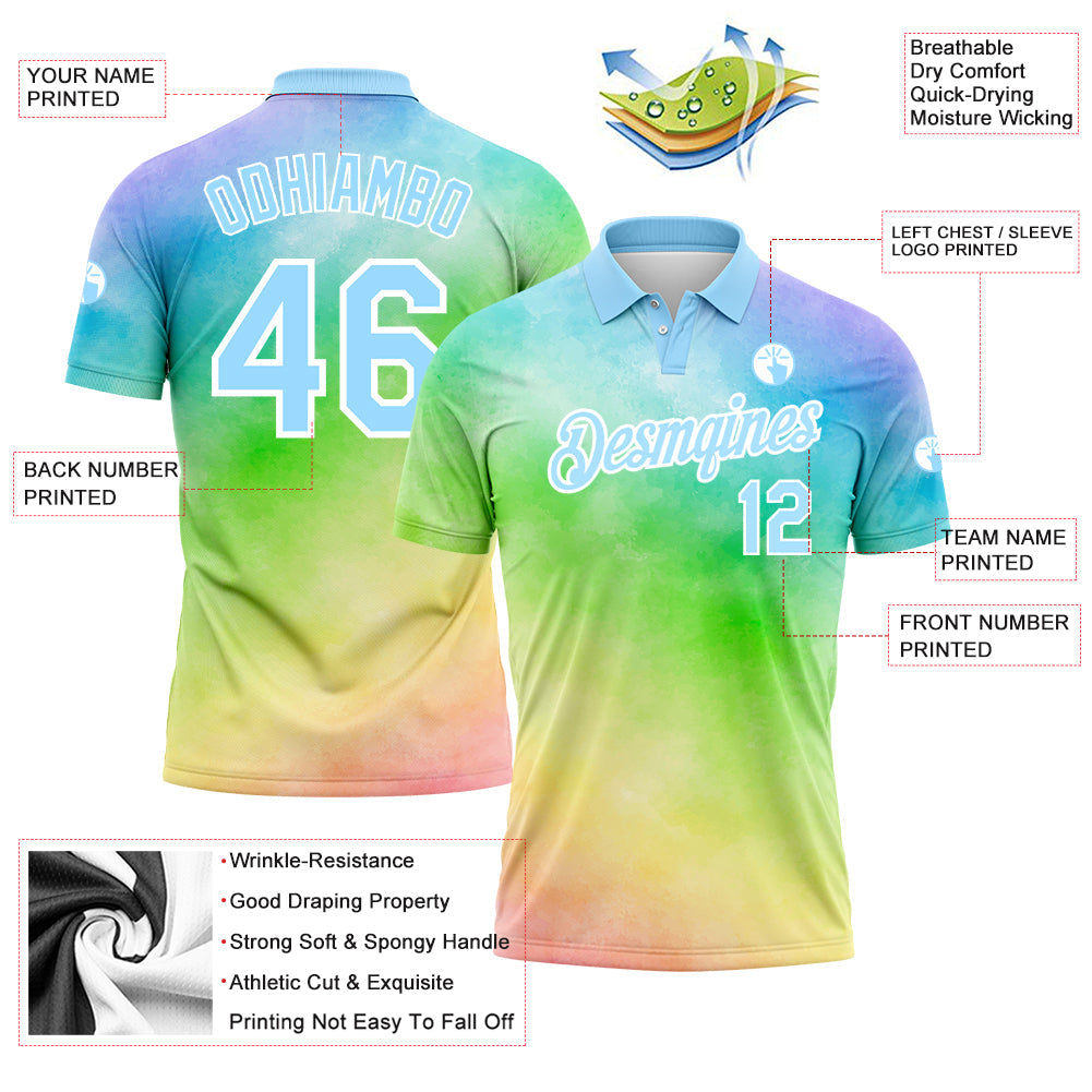 Custom Tie Dye Light Blue-White 3D Rainbow Performance Golf Polo Shirt view 3
