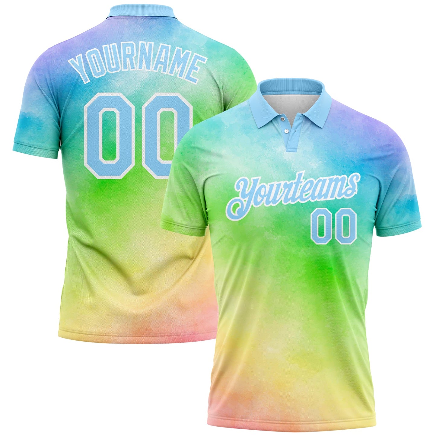 Custom Tie Dye Light Blue-White 3D Rainbow Performance Golf Polo Shirt - Main View