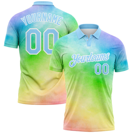 Custom Tie Dye Light Blue-White 3D Rainbow Performance Golf Polo Shirt - Main View