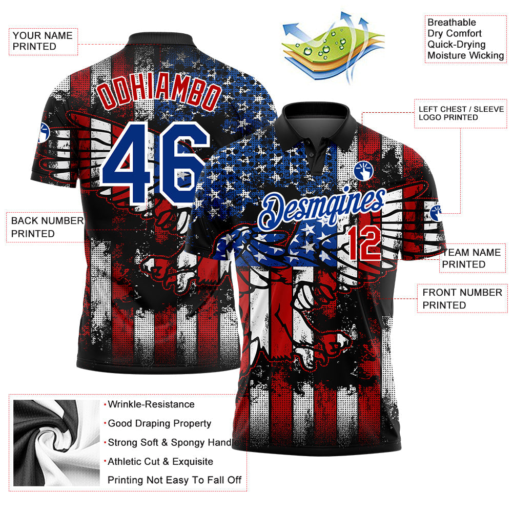 Custom Black Red-Royal 3D Eagle American Flag Performance Golf Polo Shirt view 4