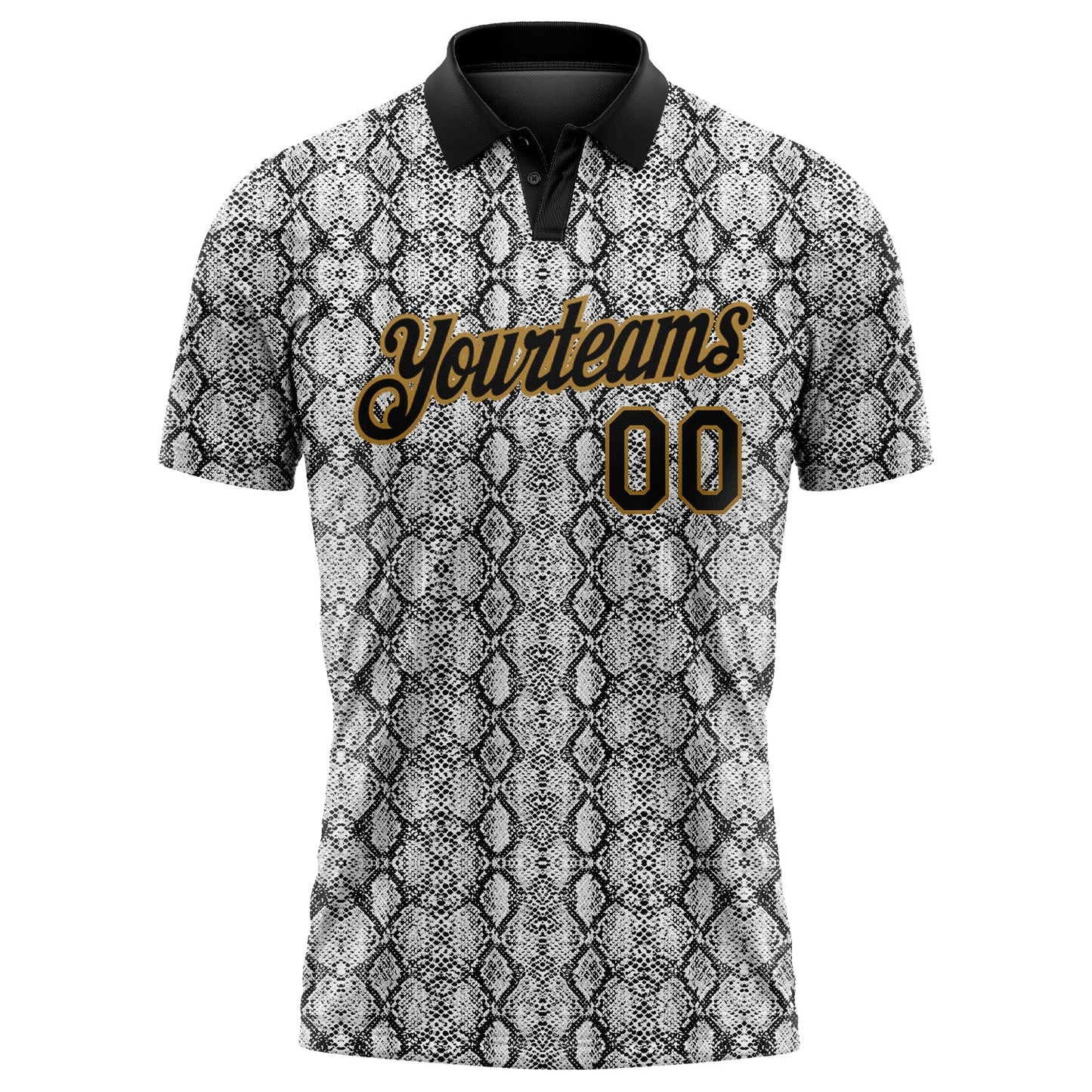 Custom Black Old Gold 3D Pattern Design Snakeskin Performance Golf Polo Shirt view 2