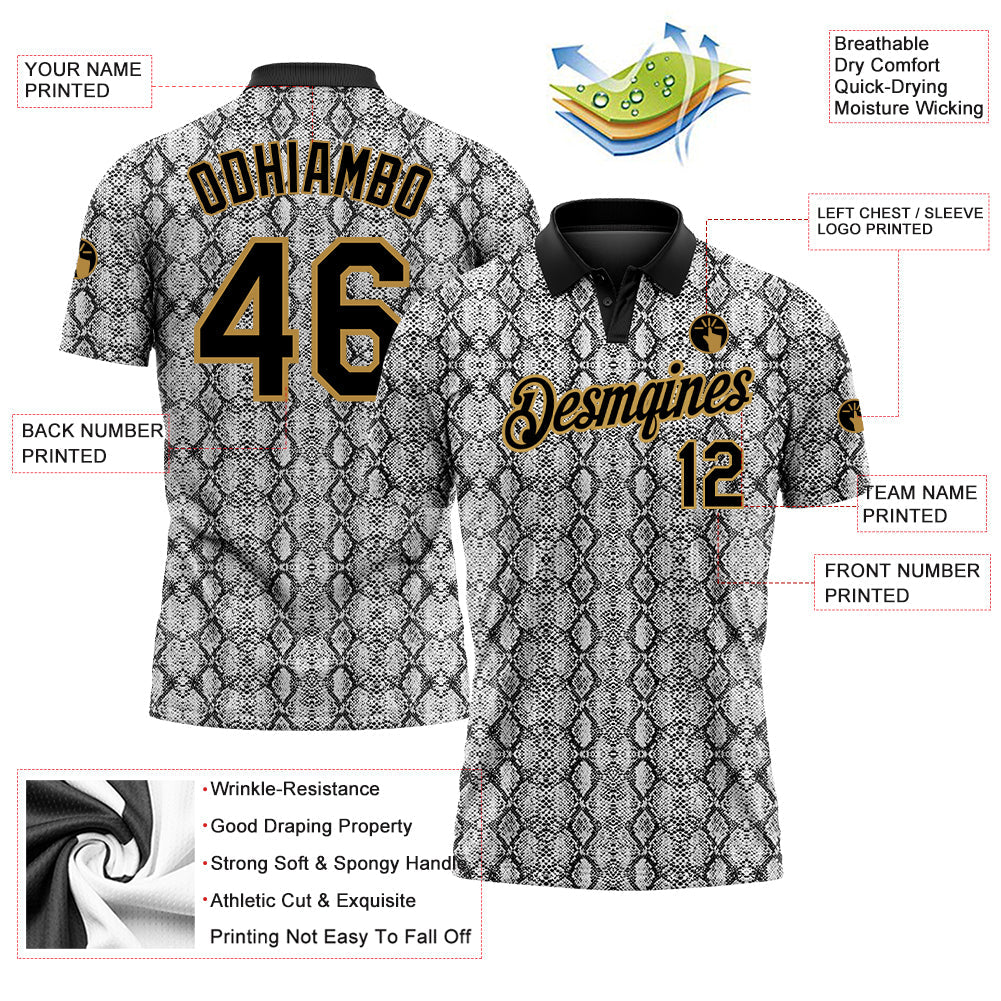 Custom Black Old Gold 3D Pattern Design Snakeskin Performance Golf Polo Shirt view 3