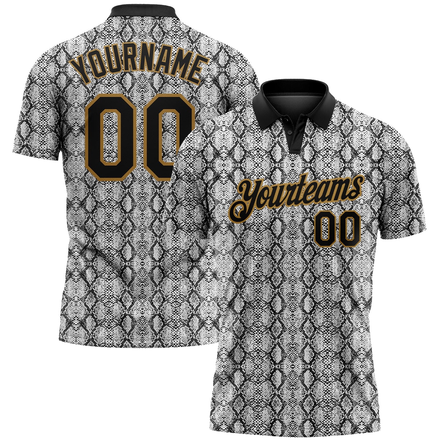 Custom Black Old Gold 3D Pattern Design Snakeskin Performance Golf Polo Shirt - Main View