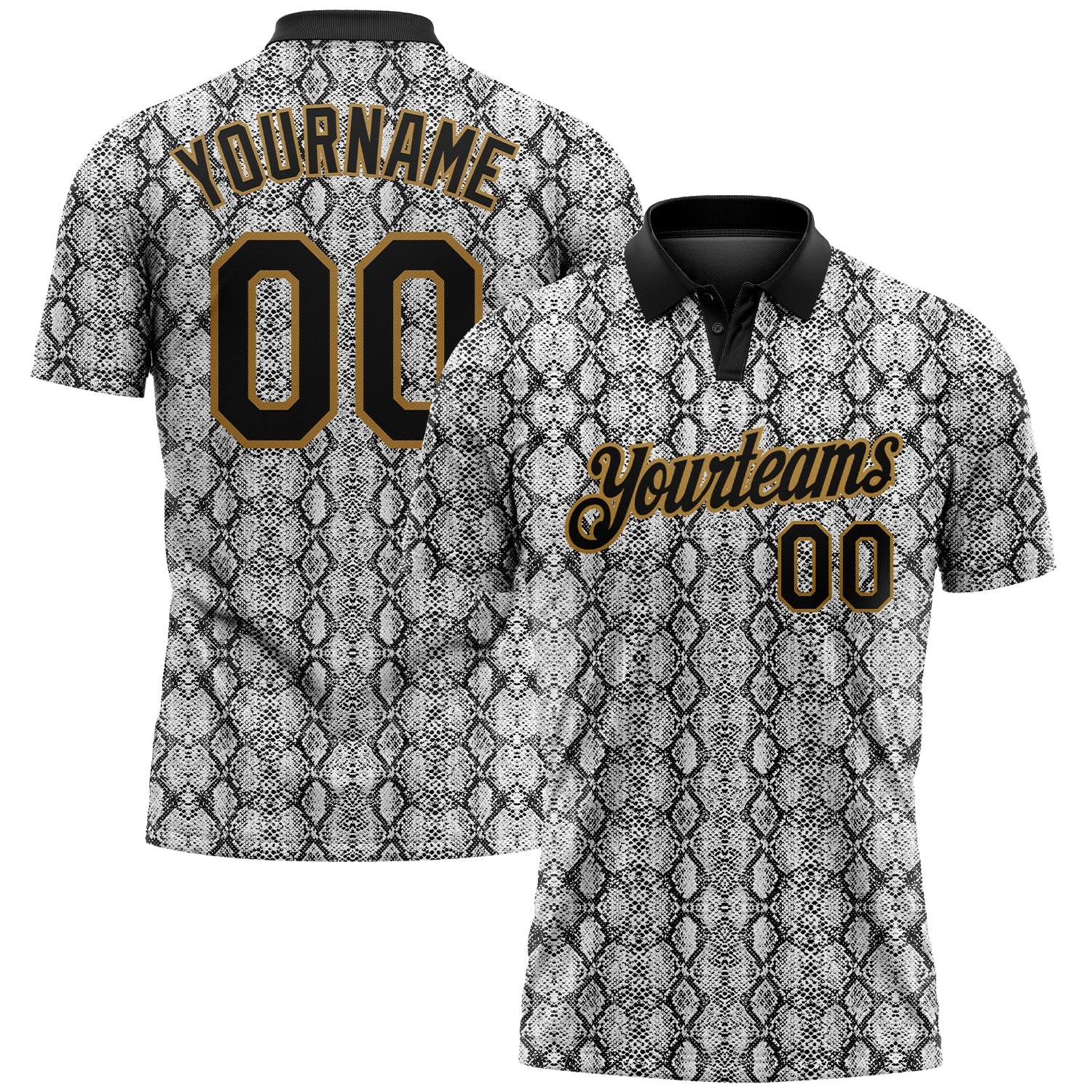 Custom Black Old Gold 3D Pattern Design Snakeskin Performance Golf Polo Shirt - Main View