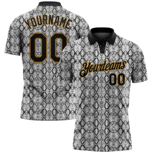 Custom Black Old Gold 3D Pattern Design Snakeskin Performance Golf Polo Shirt - Main View