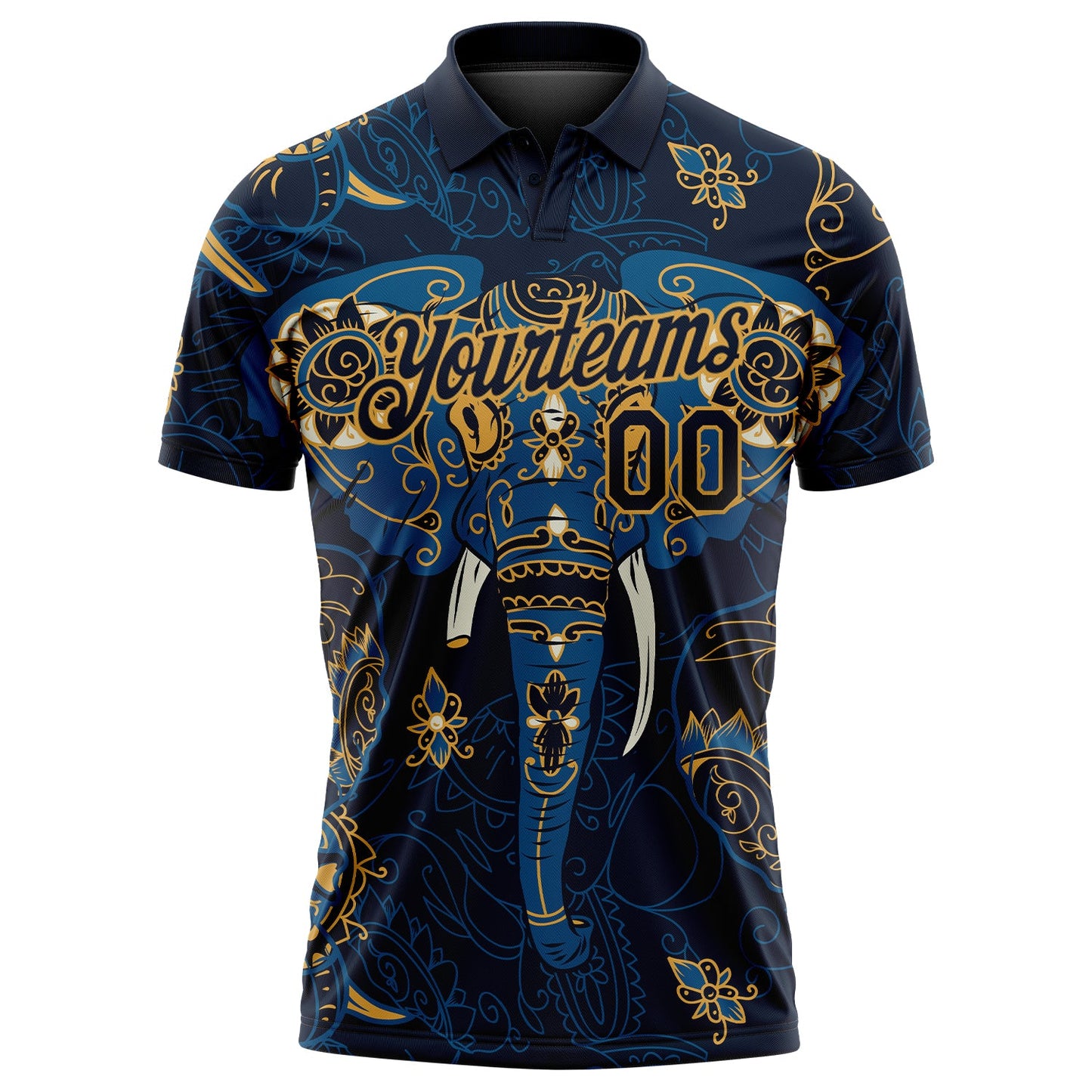 Custom Navy Old Gold 3D Pattern Design Elephant Performance Golf Polo Shirt view 2