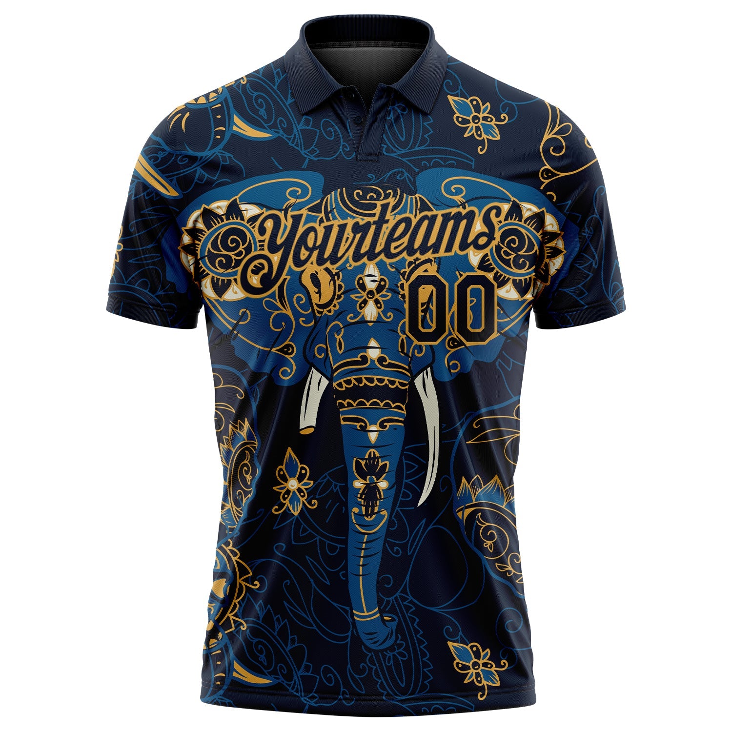 Custom Navy Old Gold 3D Pattern Design Elephant Performance Golf Polo Shirt view 2