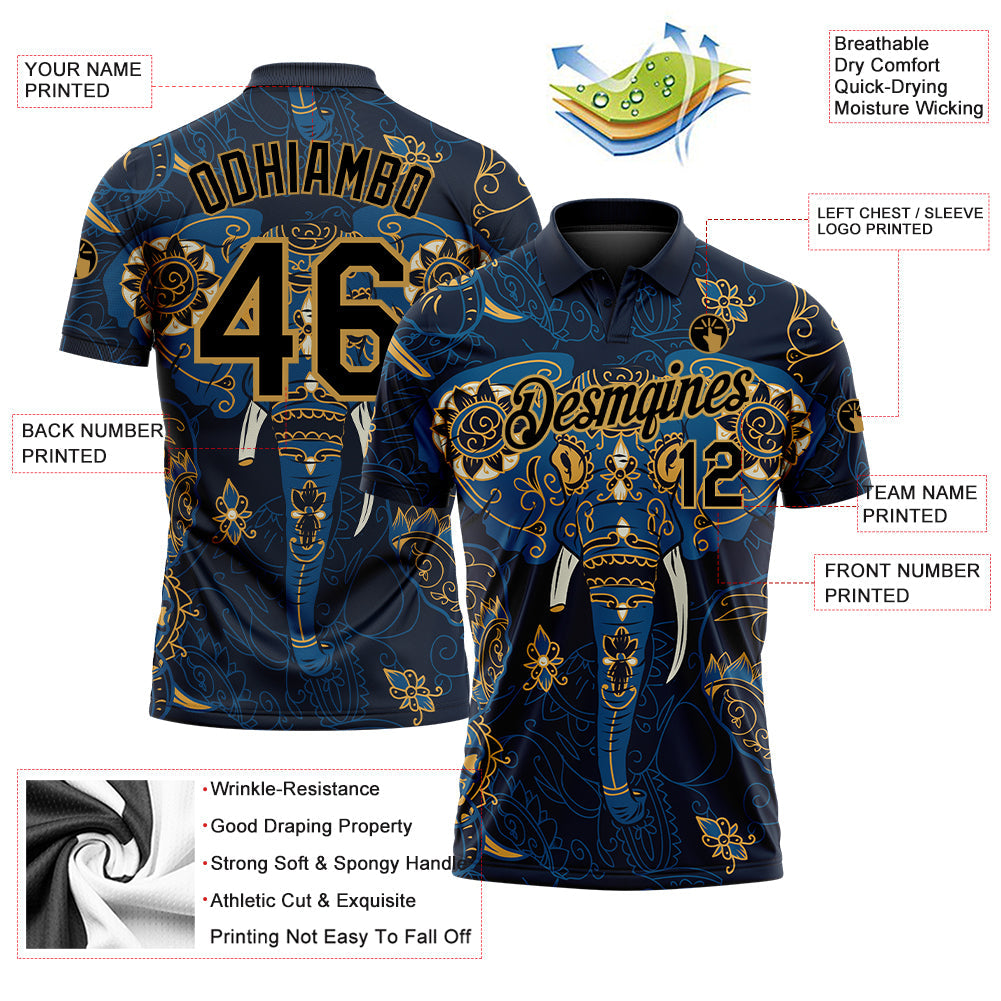 Custom Navy Old Gold 3D Pattern Design Elephant Performance Golf Polo Shirt view 3