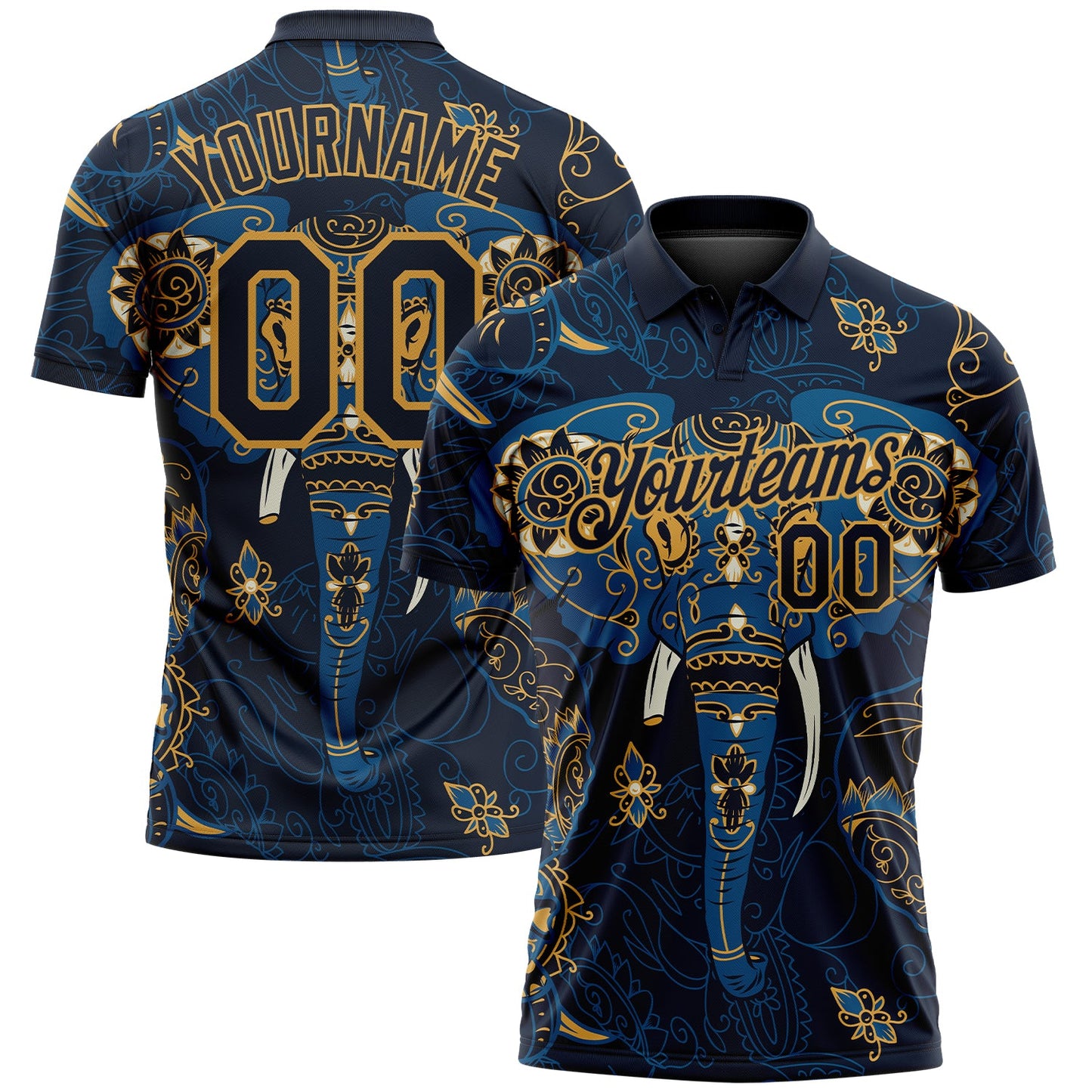 Custom Navy Old Gold 3D Pattern Design Elephant Performance Golf Polo Shirt - Main View