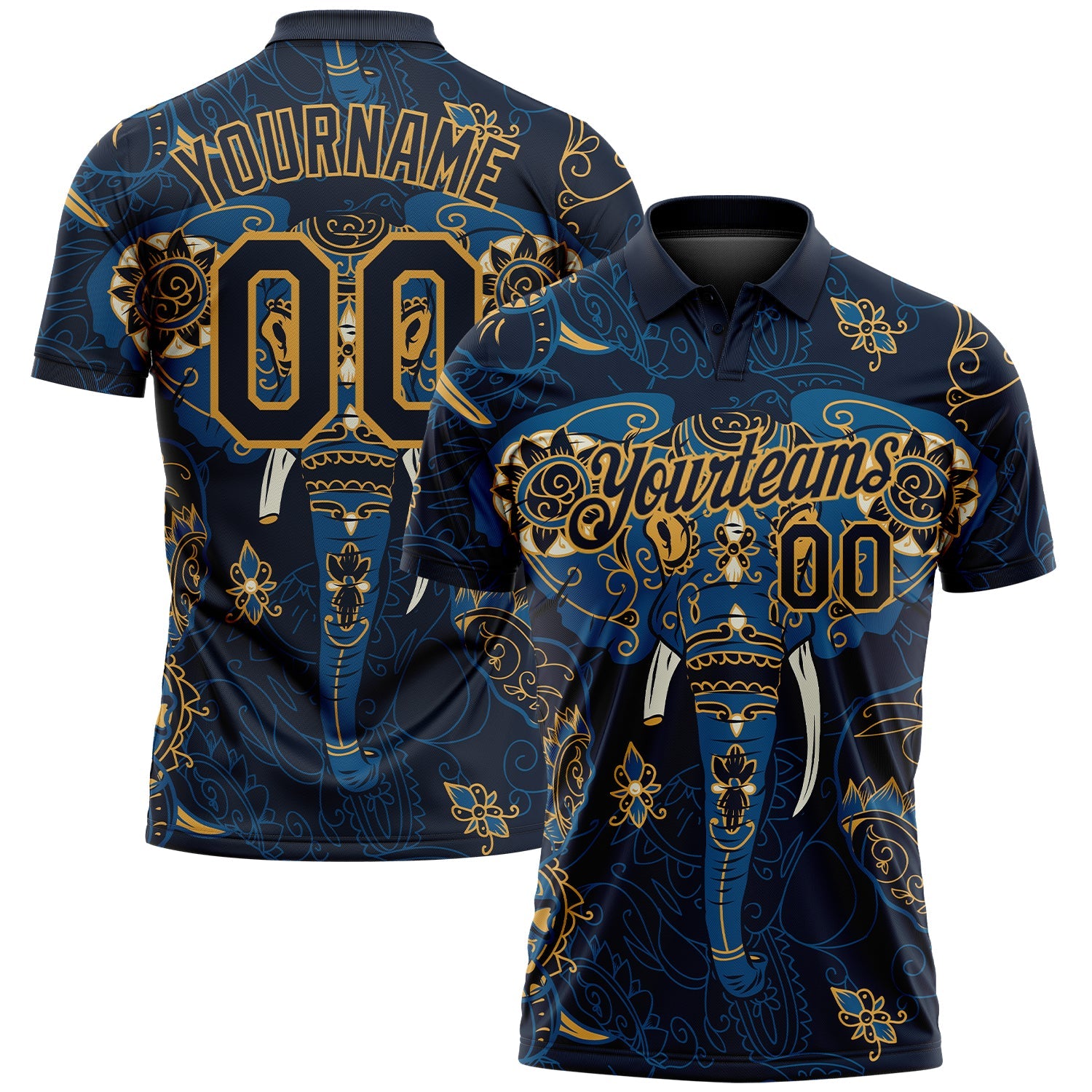 Custom Navy Old Gold 3D Pattern Design Elephant Performance Golf Polo Shirt - Main View