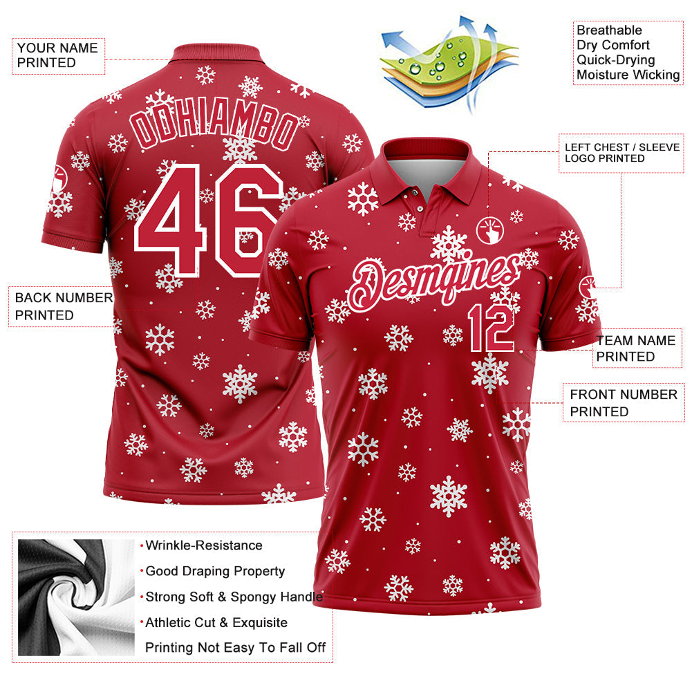 Custom Red White 3D Christmas Snowflakes Performance Golf Polo Shirt view 3