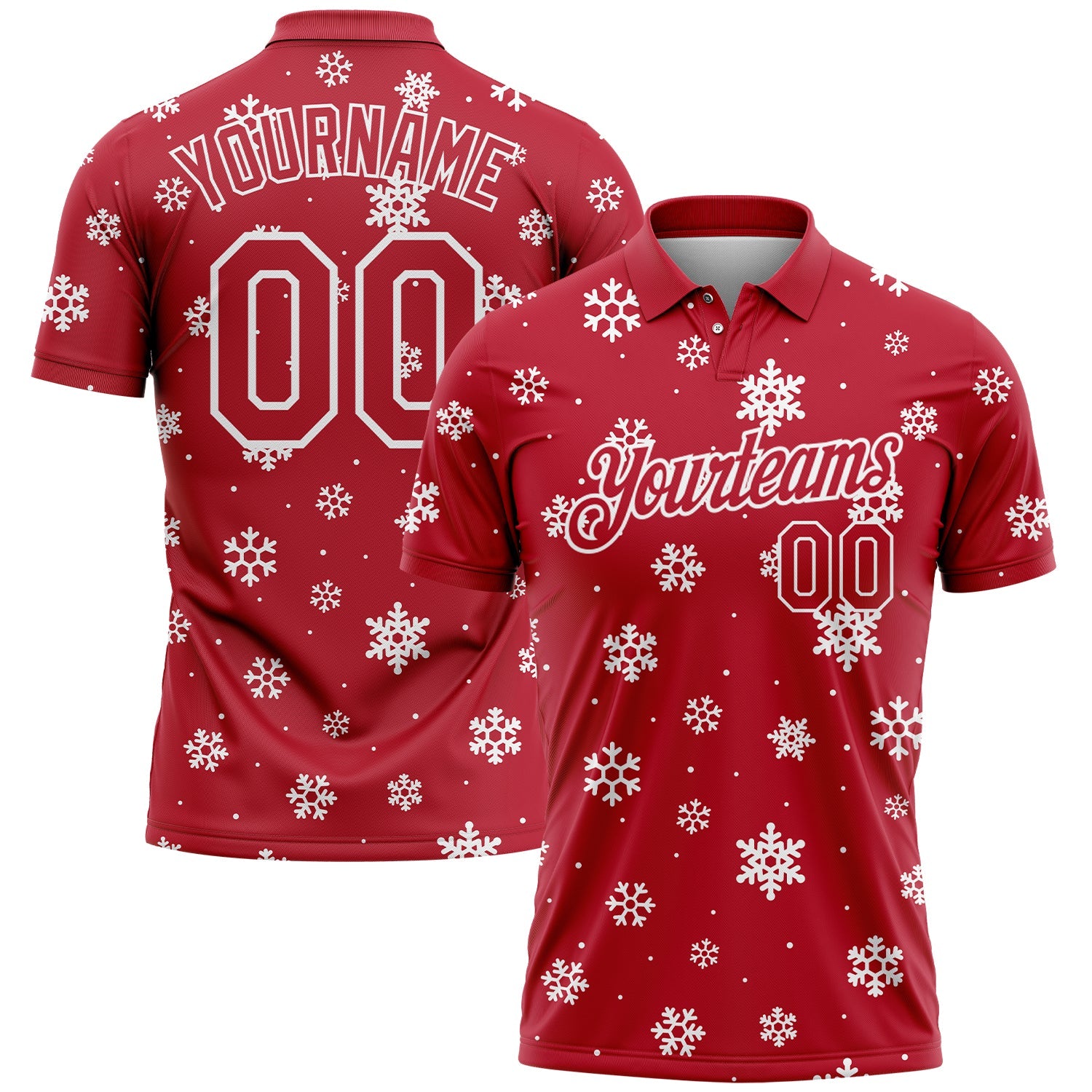 Custom Red White 3D Christmas Snowflakes Performance Golf Polo Shirt - Main View