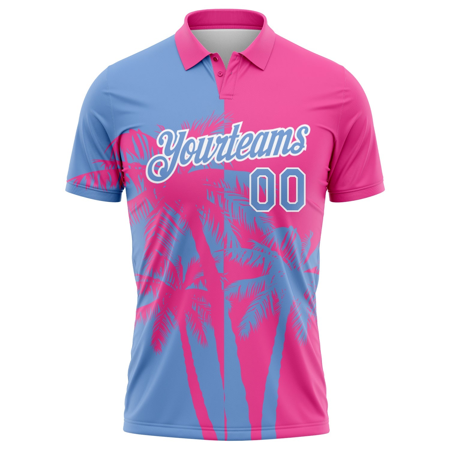 Custom Pink Light Blue-White 3D Pattern Design Hawaii Coconut Trees Performance Golf Polo Shirt view 2
