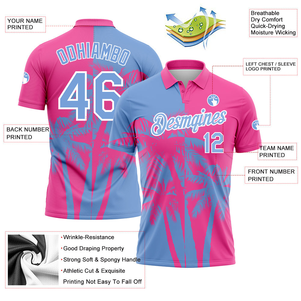 Custom Pink Light Blue-White 3D Pattern Design Hawaii Coconut Trees Performance Golf Polo Shirt view 3
