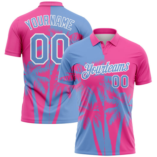 Custom Pink Light Blue-White 3D Pattern Design Hawaii Coconut Trees Performance Golf Polo Shirt - Main View