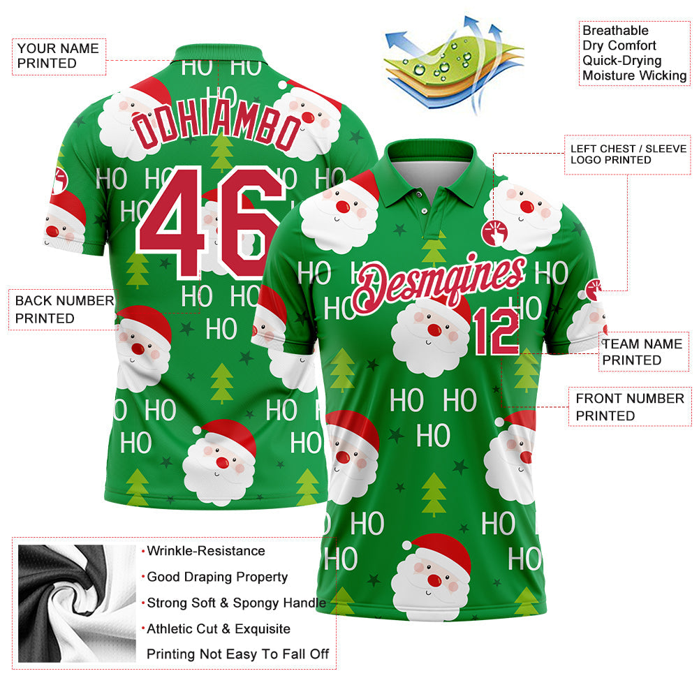 Custom Kelly Green Red-White 3D Christmas Santa Claus Performance Golf Polo Shirt view 3