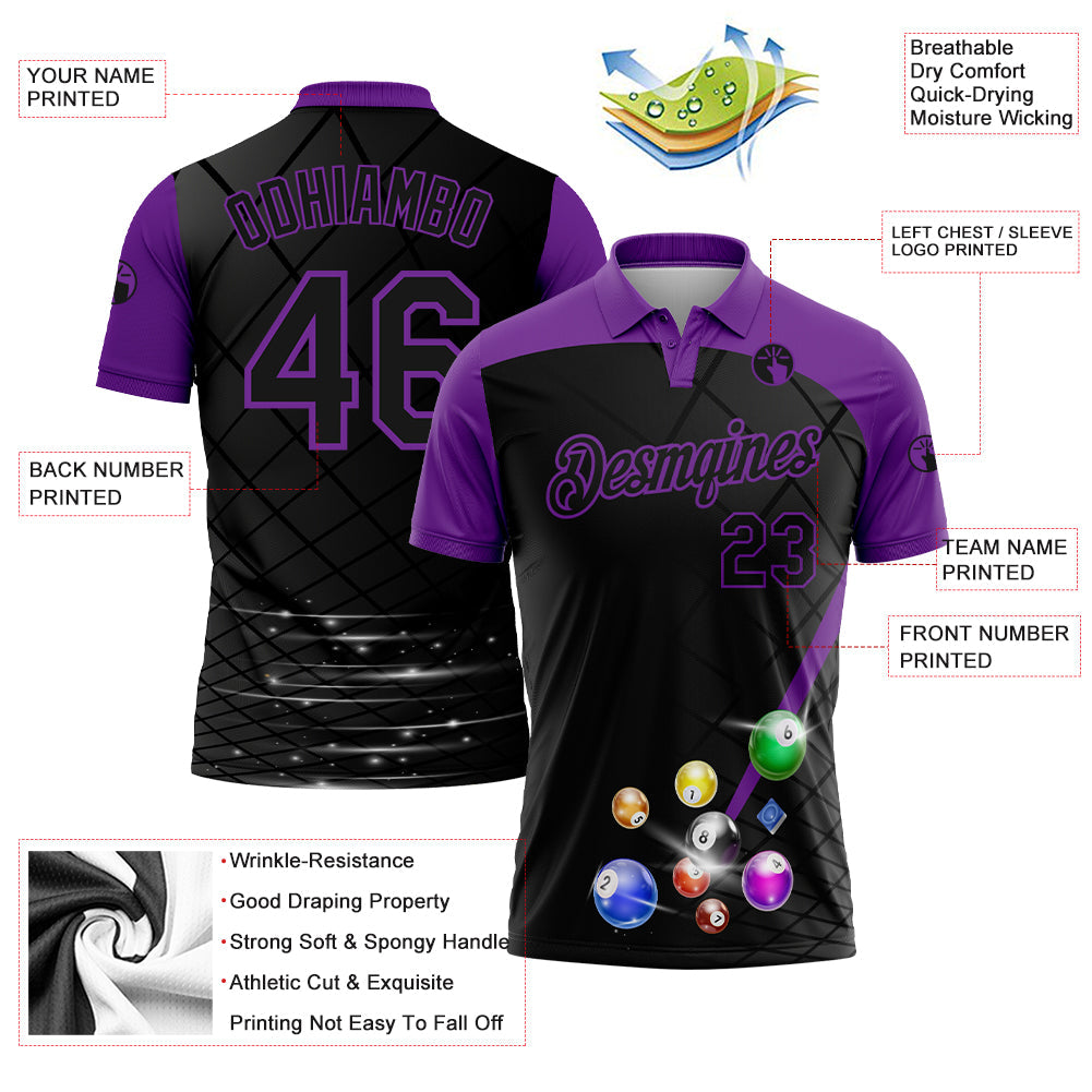 Custom Black Purple 3D Pattern Design Billiards Performance Polo Shirt view 2