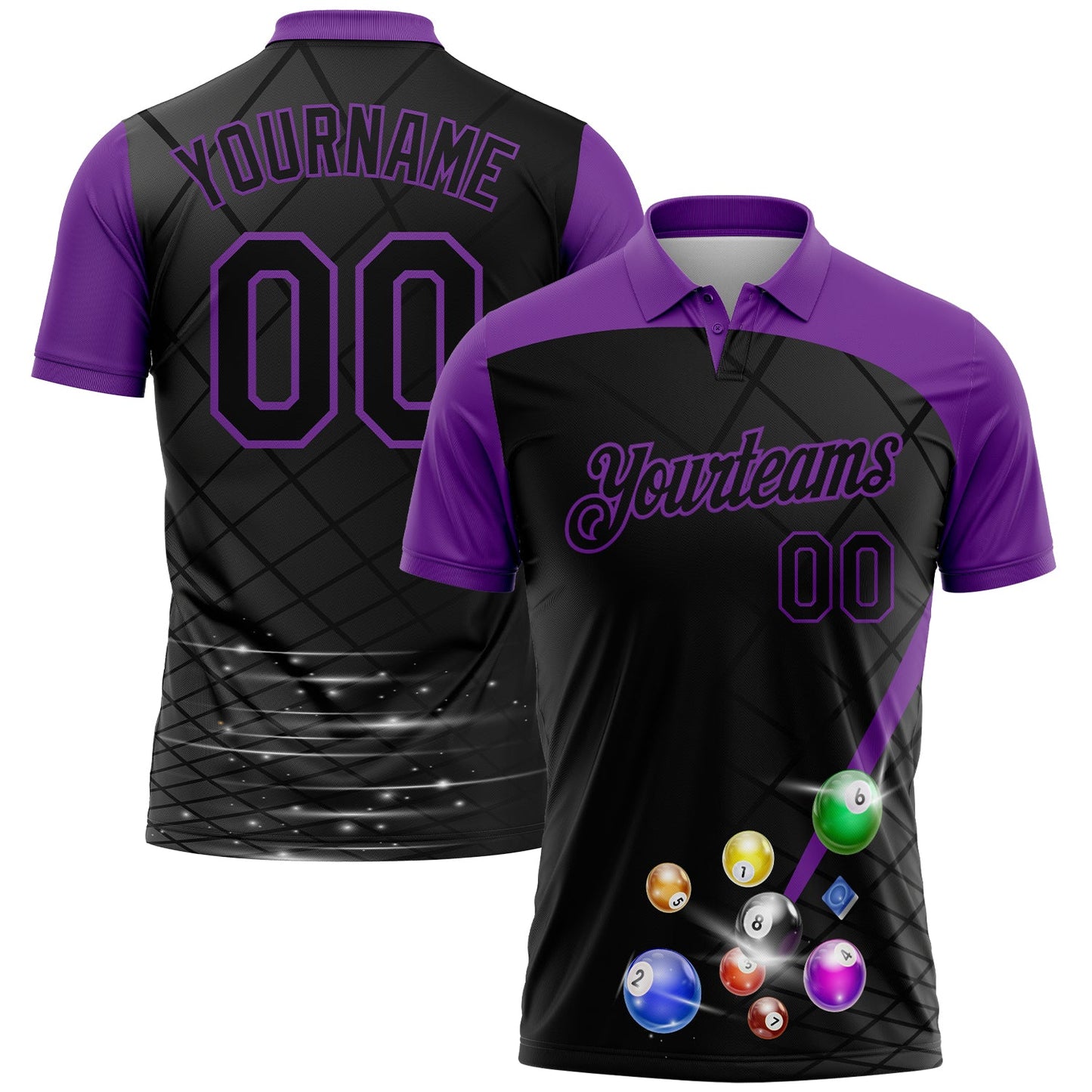 Custom Black Purple 3D Pattern Design Billiards Performance Polo Shirt - Main View
