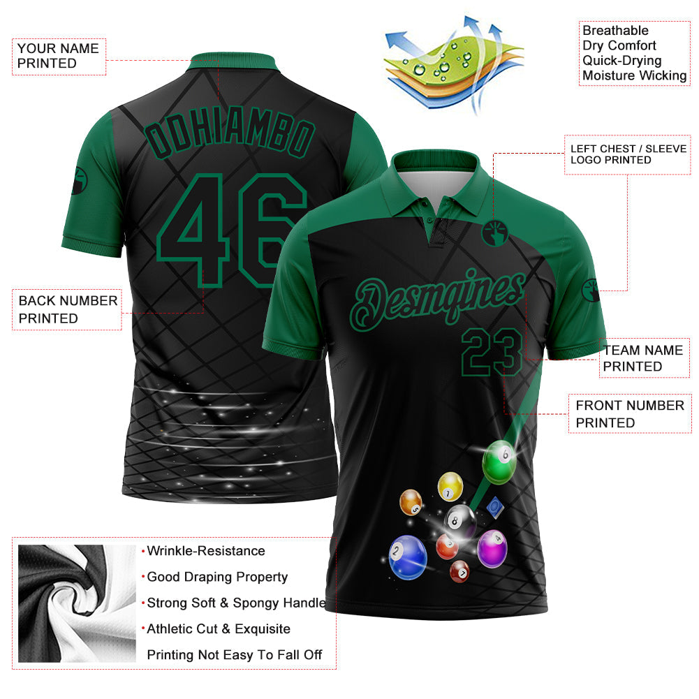 Custom Black Kelly Green 3D Pattern Design Billiards Performance Polo Shirt view 2