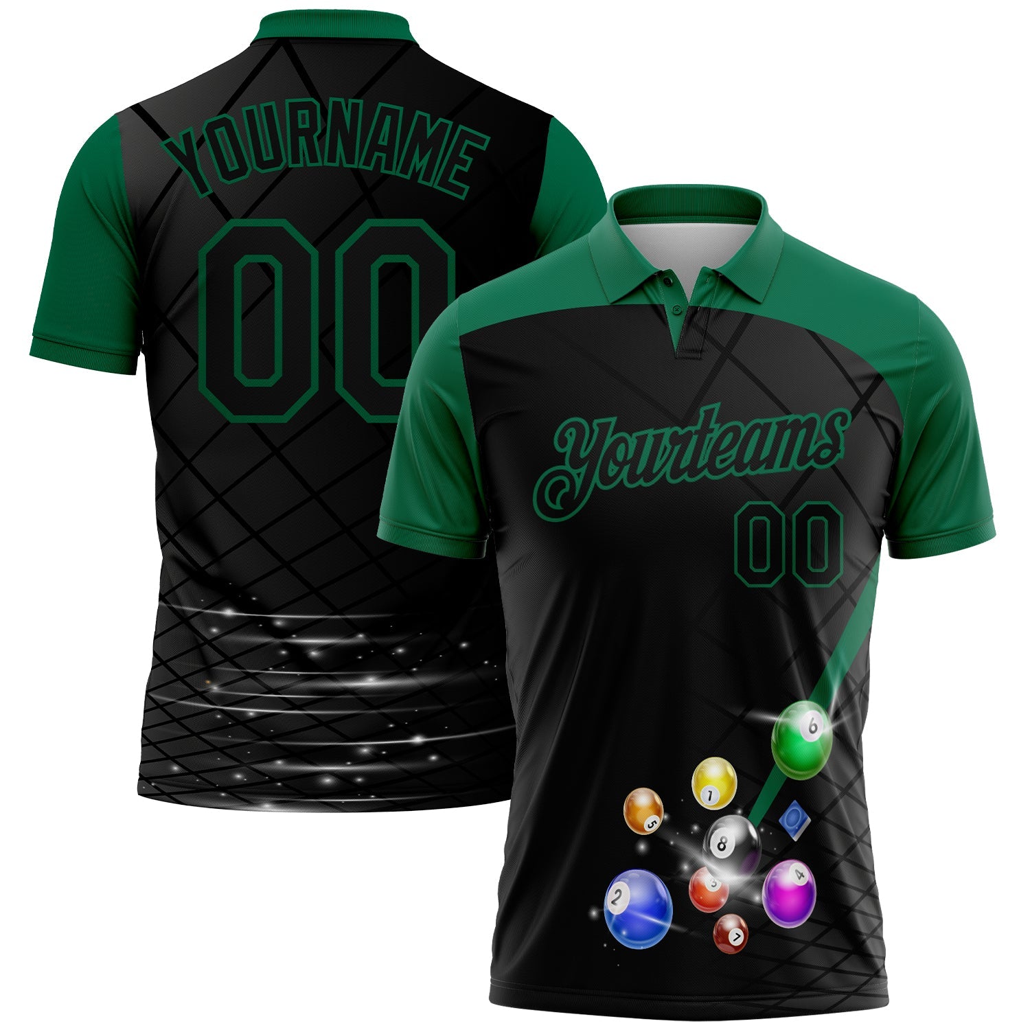 Custom Black Kelly Green 3D Pattern Design Billiards Performance Polo Shirt - Main View