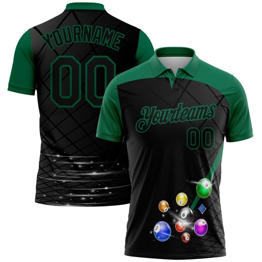 Custom Black Kelly Green 3D Pattern Design Billiards Performance Polo Shirt - Main View