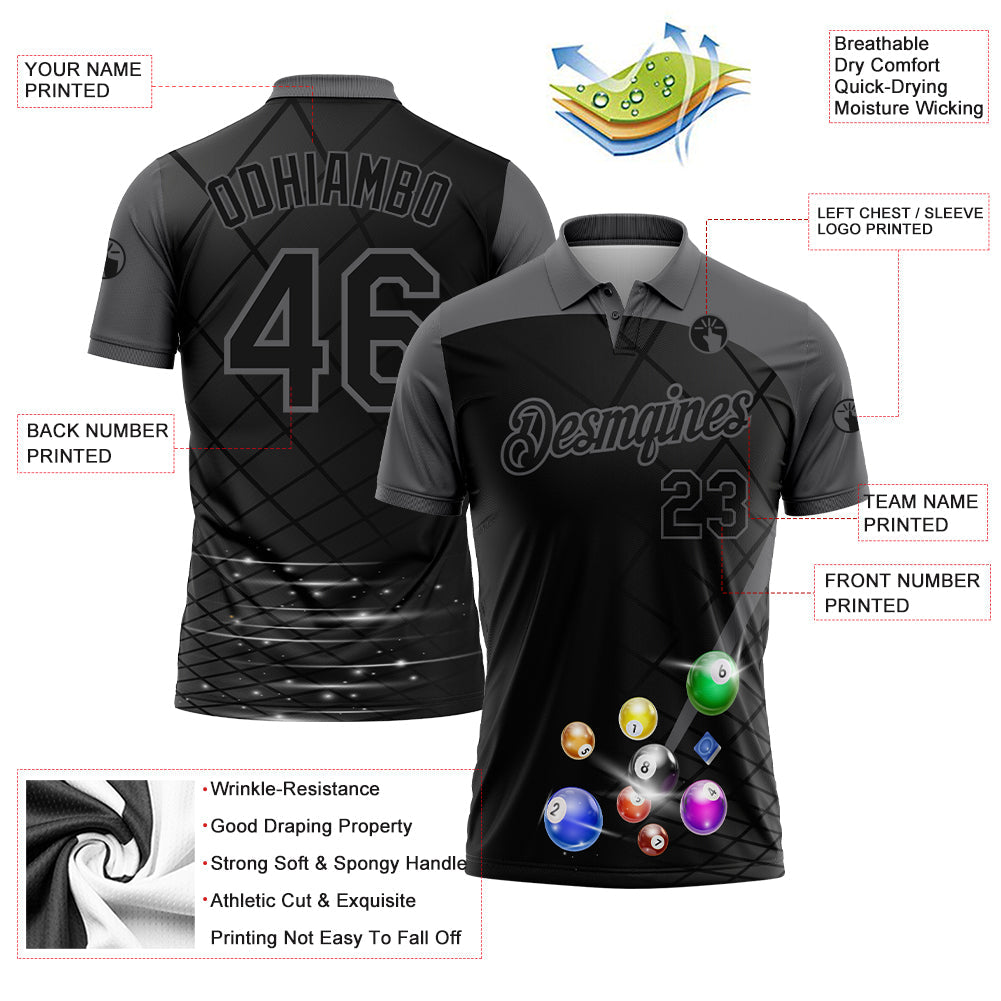 Custom Black Gray 3D Pattern Design Billiards Performance Polo Shirt view 2