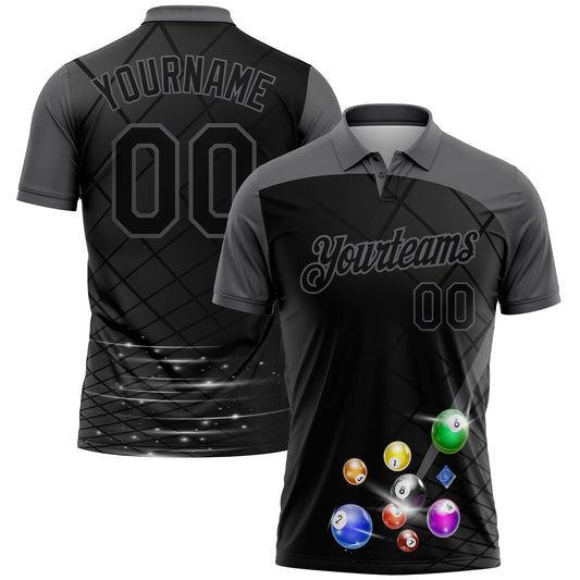 Custom Black Gray 3D Pattern Design Billiards Performance Polo Shirt - Main View