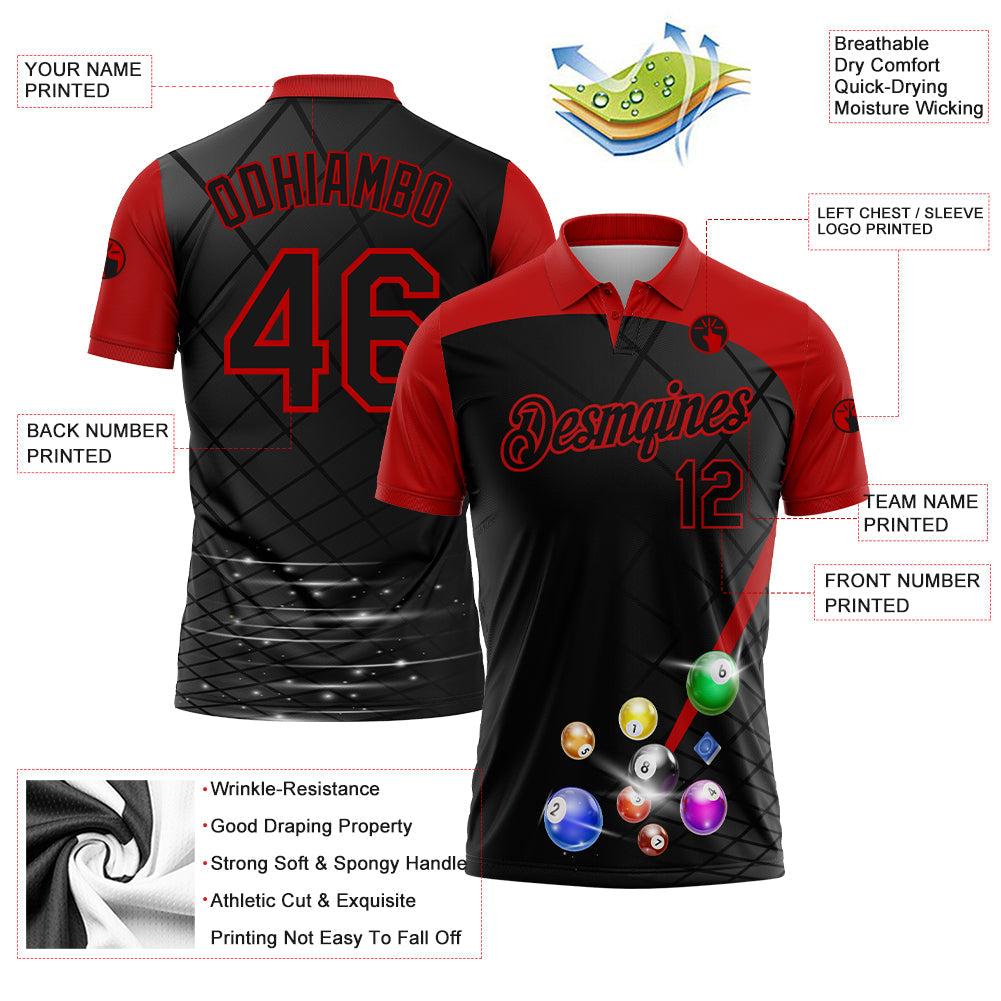 Custom Black Red 3D Pattern Design Billiards Performance Polo Shirt view 2