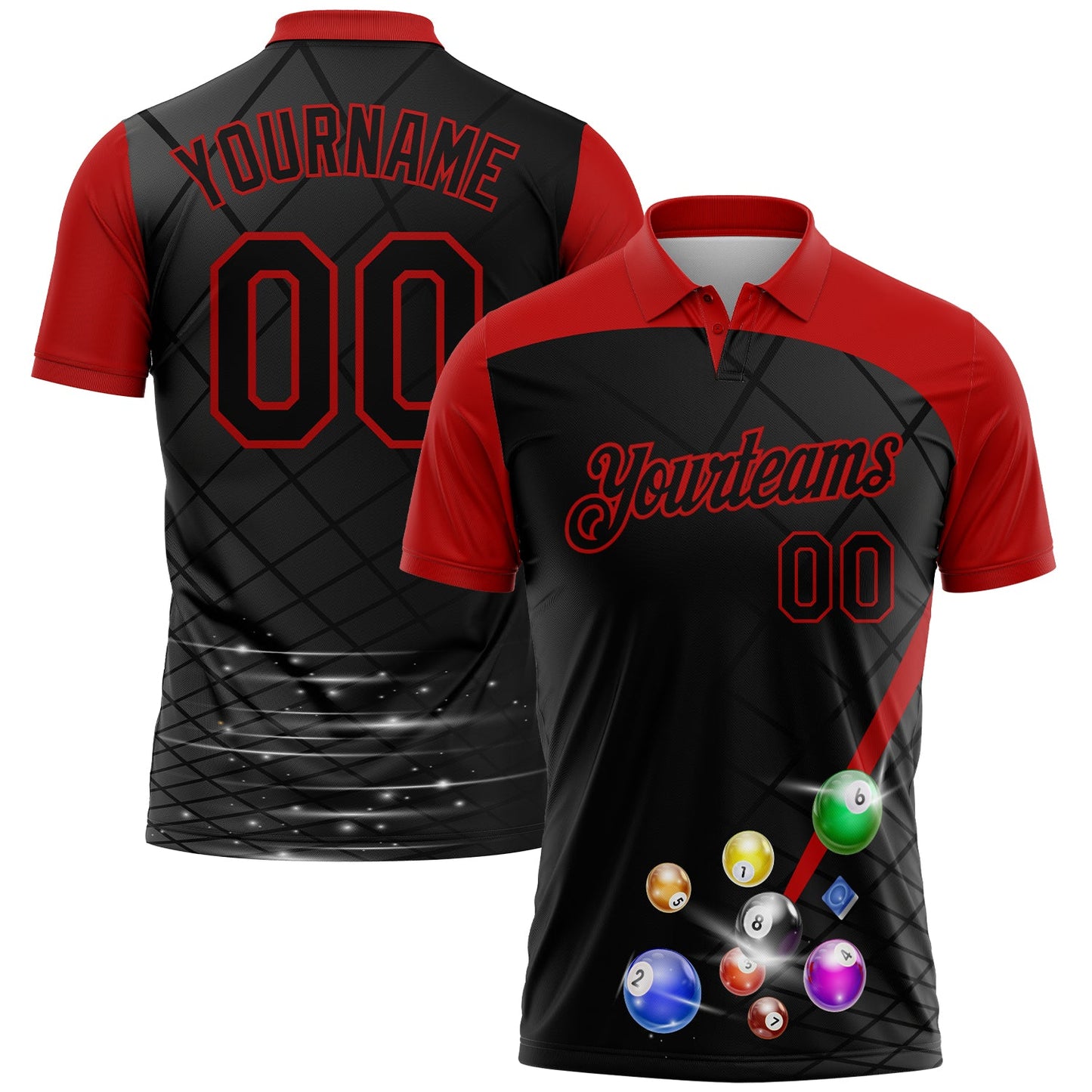 Custom Black Red 3D Pattern Design Billiards Performance Polo Shirt - Main View