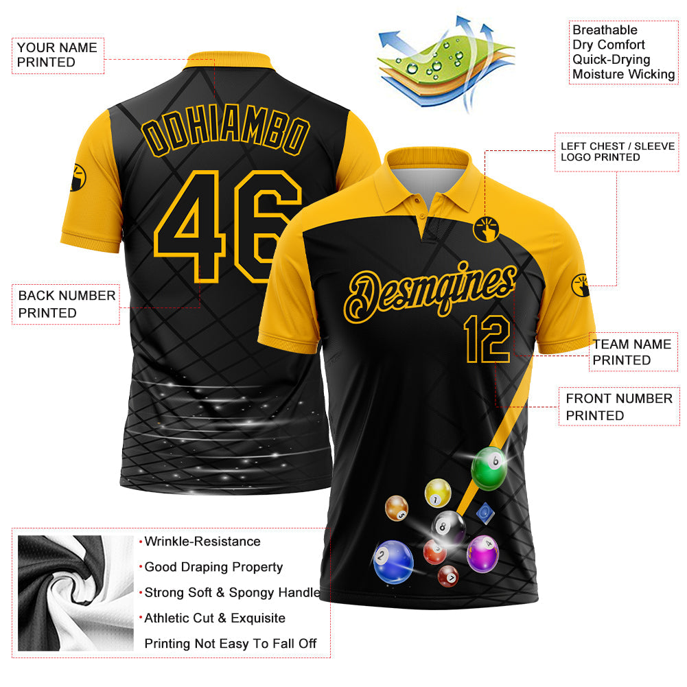 Custom Black Yellow 3D Pattern Design Billiards Performance Polo Shirt view 2