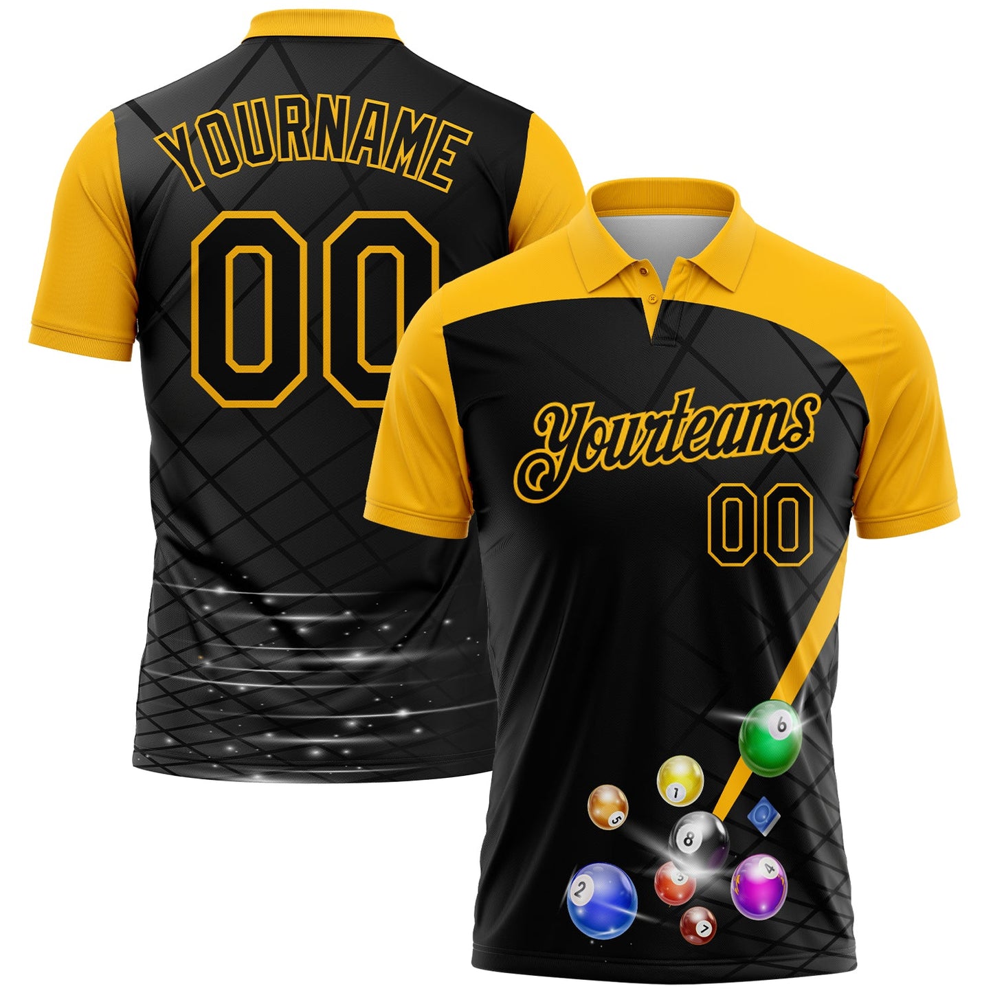 Custom Black Yellow 3D Pattern Design Billiards Performance Polo Shirt - Main View