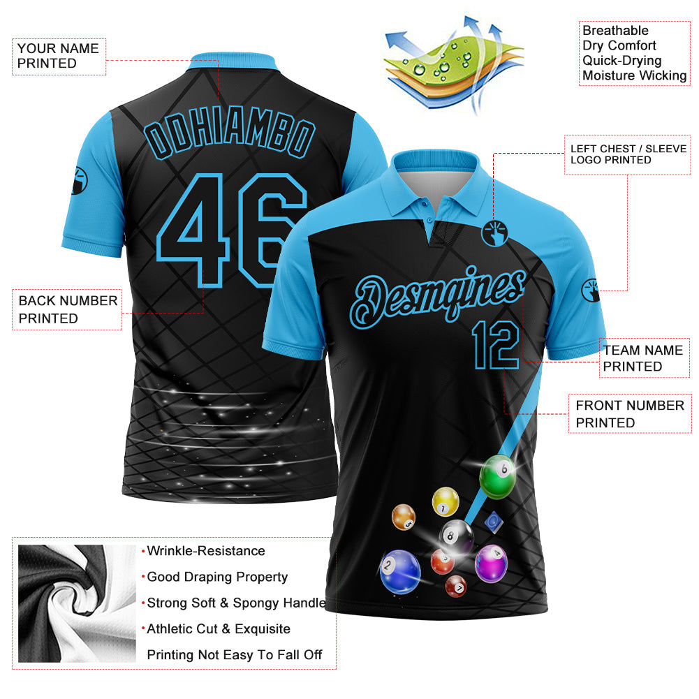 Custom Black Sky Blue 3D Pattern Design Billiards Performance Polo Shirt view 2