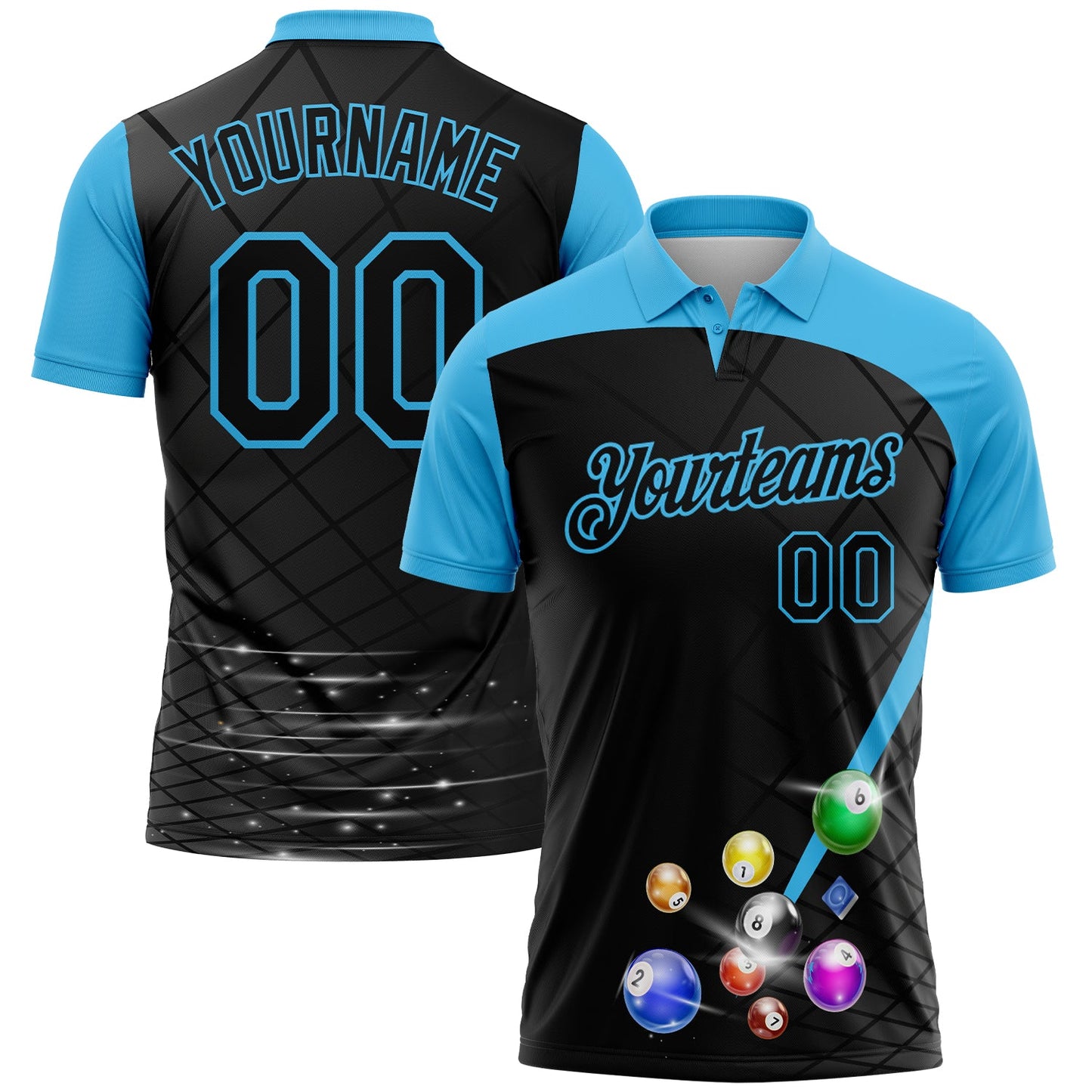 Custom Black Sky Blue 3D Pattern Design Billiards Performance Polo Shirt - Main View