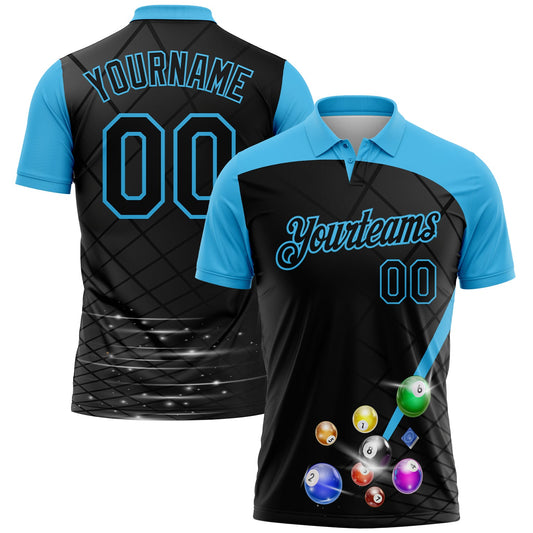 Custom Black Sky Blue 3D Pattern Design Billiards Performance Polo Shirt - Main View