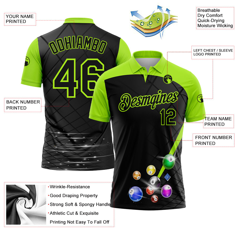 Custom Black Aurora Green 3D Pattern Design Billiards Performance Polo Shirt view 2