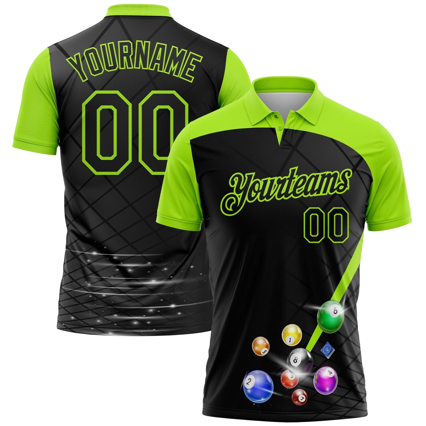 Custom Black Aurora Green 3D Pattern Design Billiards Performance Polo Shirt - Main View
