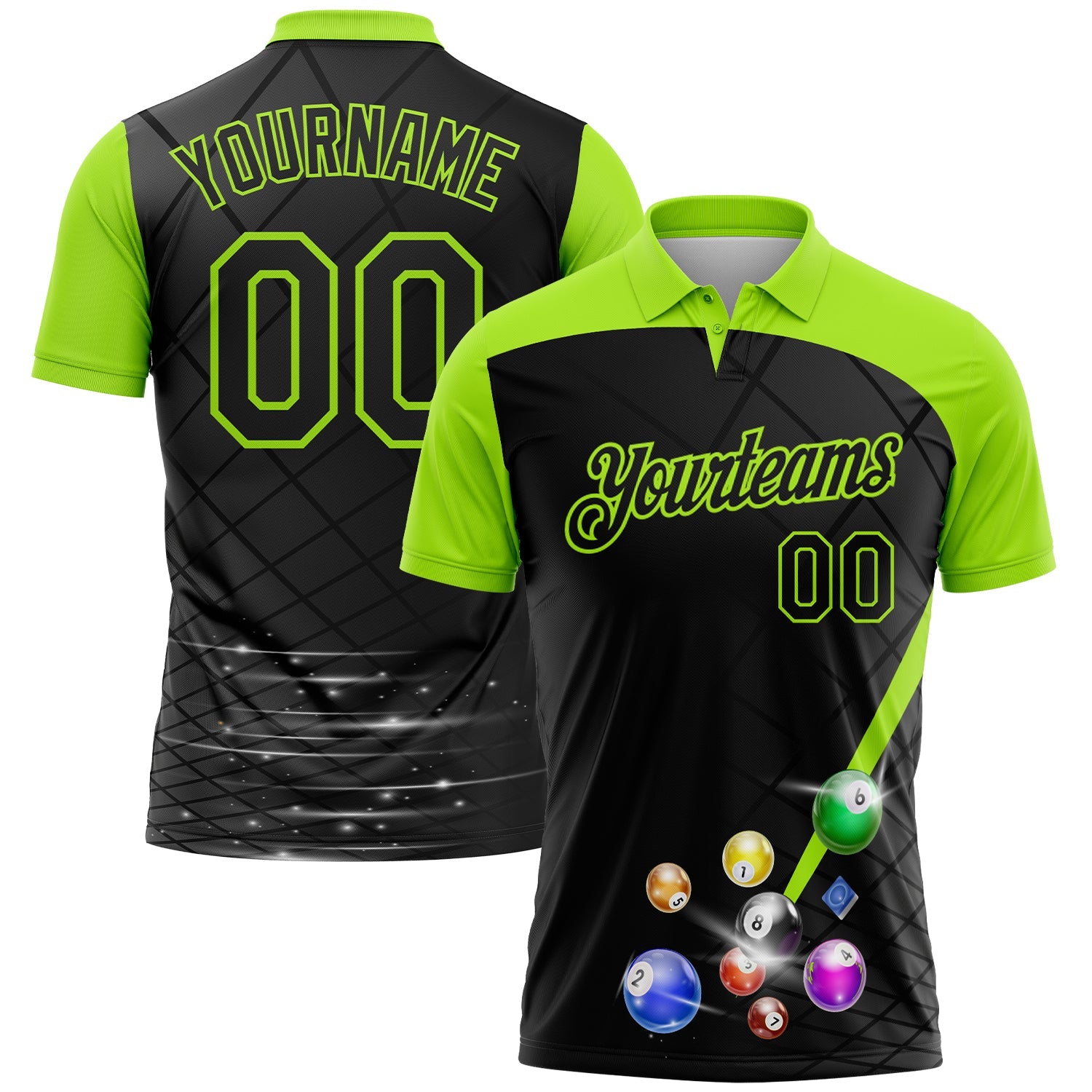 Custom Black Aurora Green 3D Pattern Design Billiards Performance Polo Shirt - Main View