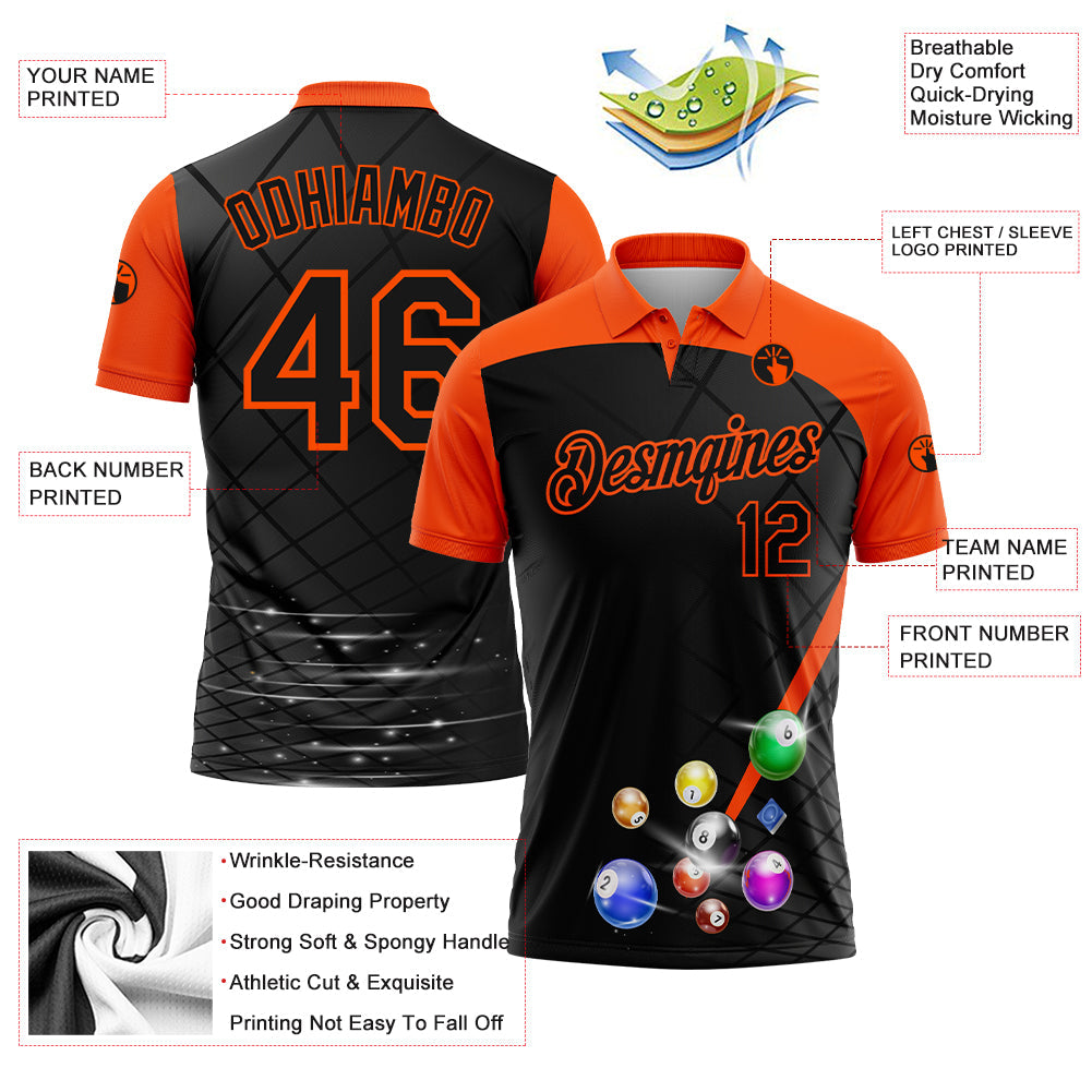 Custom Black Orange 3D Pattern Design Billiards Performance Polo Shirt view 2