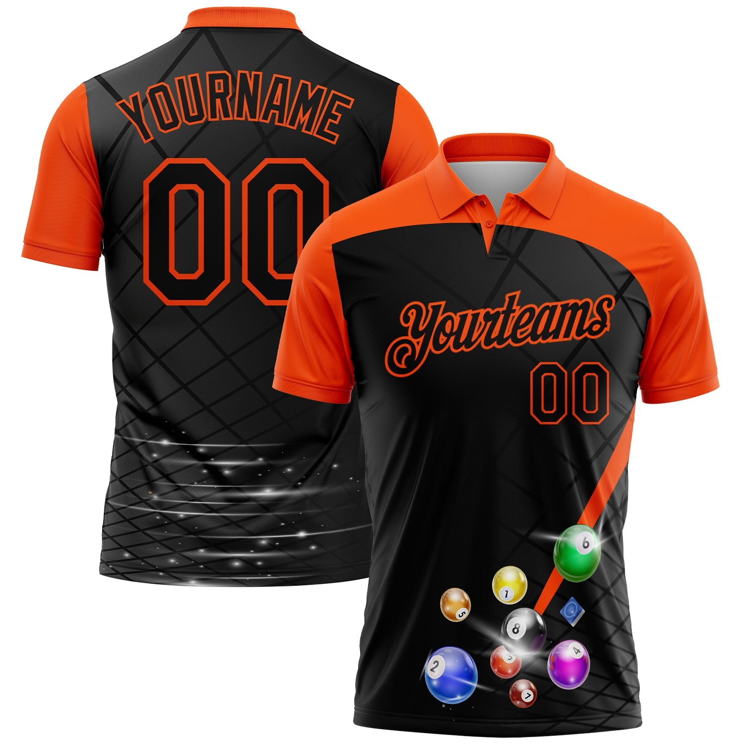 Custom Black Orange 3D Pattern Design Billiards Performance Polo Shirt - Main View