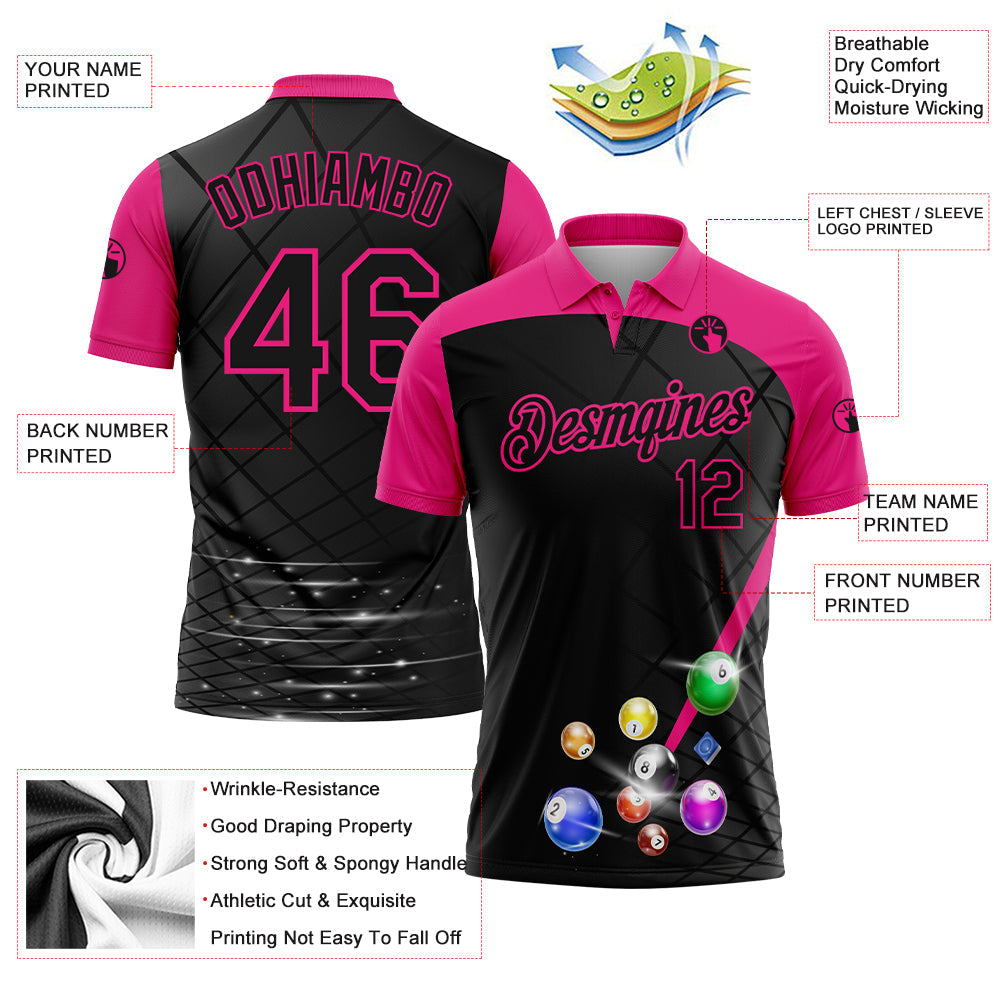 Custom Black Hot Pink 3D Pattern Design Billiards Performance Polo Shirt view 2