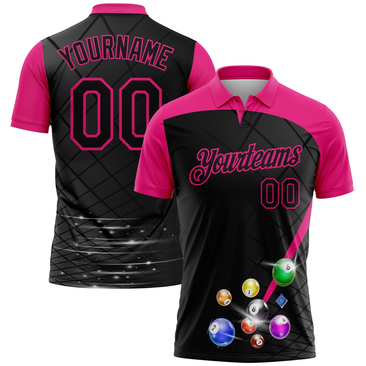 Custom Black Hot Pink 3D Pattern Design Billiards Performance Polo Shirt - Main View