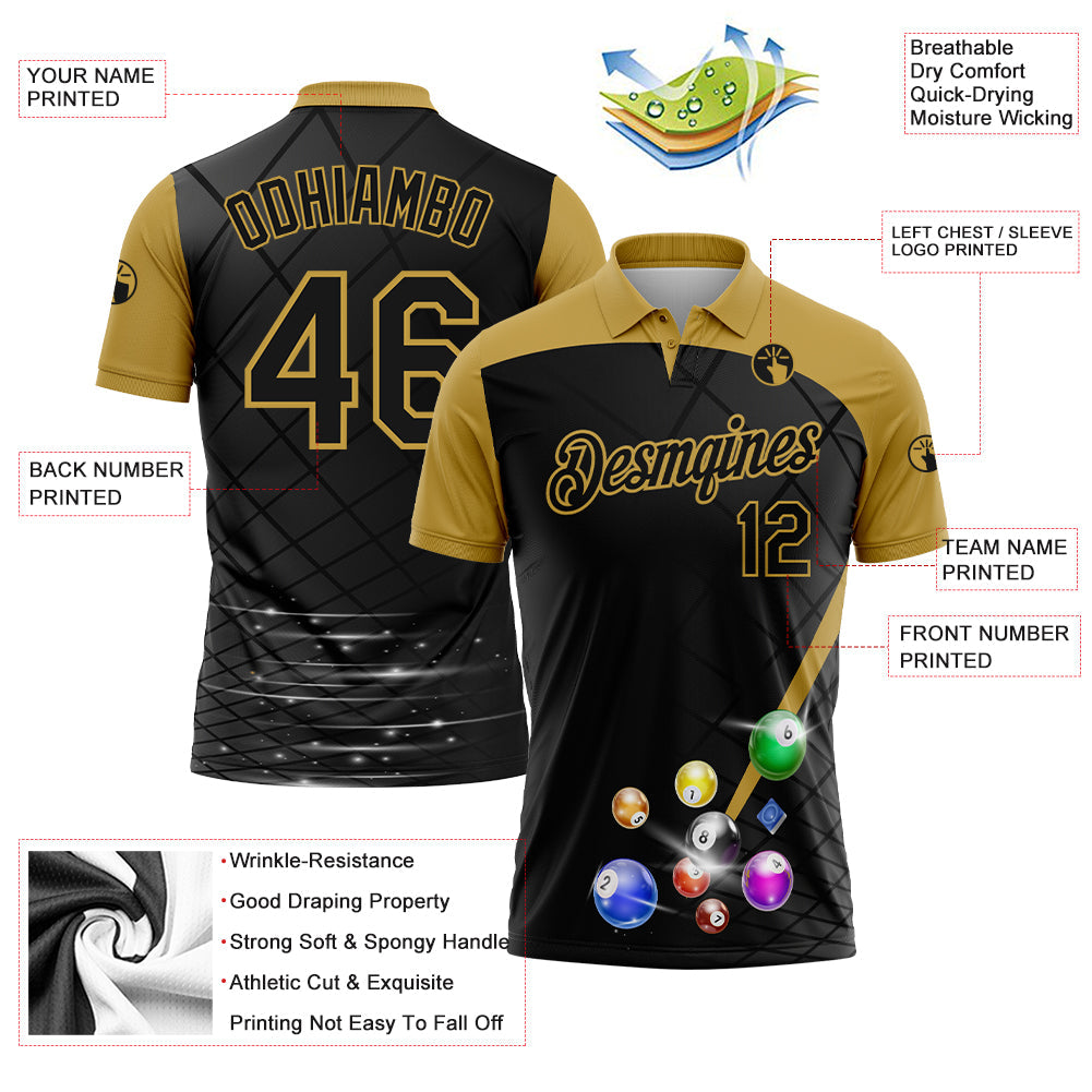 Custom Black Old Gold 3D Pattern Design Billiards Performance Polo Shirt view 2