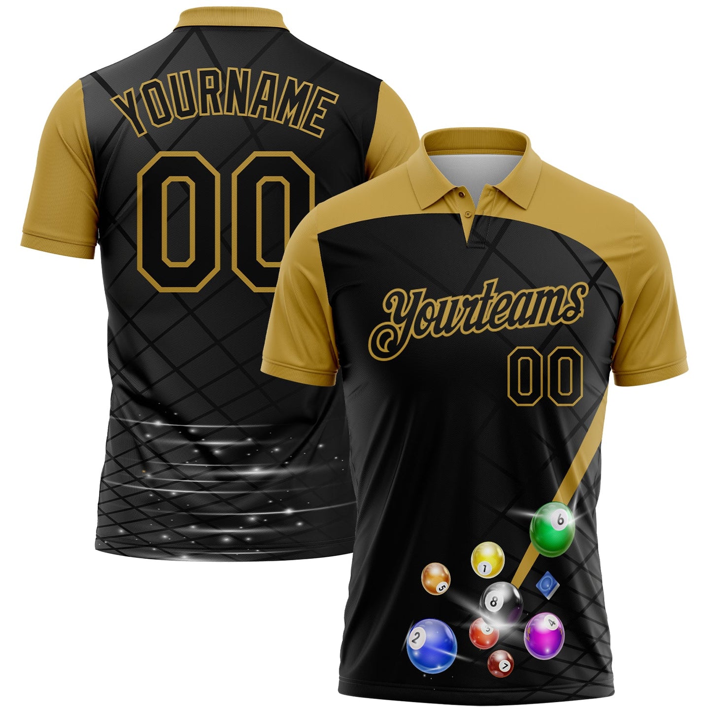 Custom Black Old Gold 3D Pattern Design Billiards Performance Polo Shirt - Main View