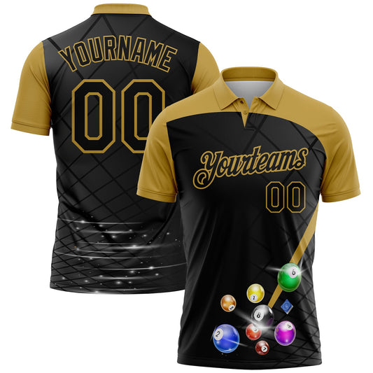 Custom Black Old Gold 3D Pattern Design Billiards Performance Polo Shirt - Main View