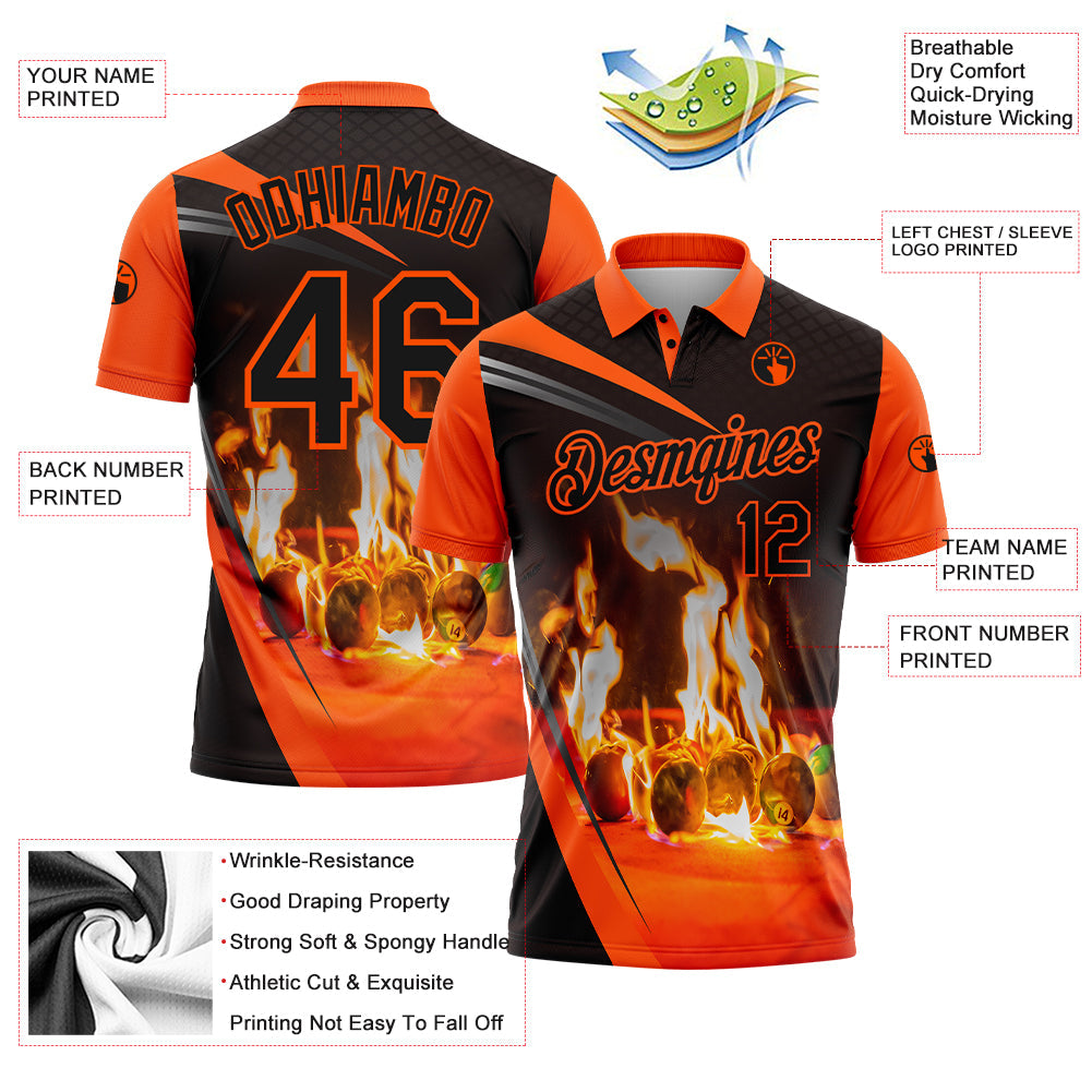 Custom Black Orange 3D Pattern Design Flame Billiards Performance Polo Shirt view 2