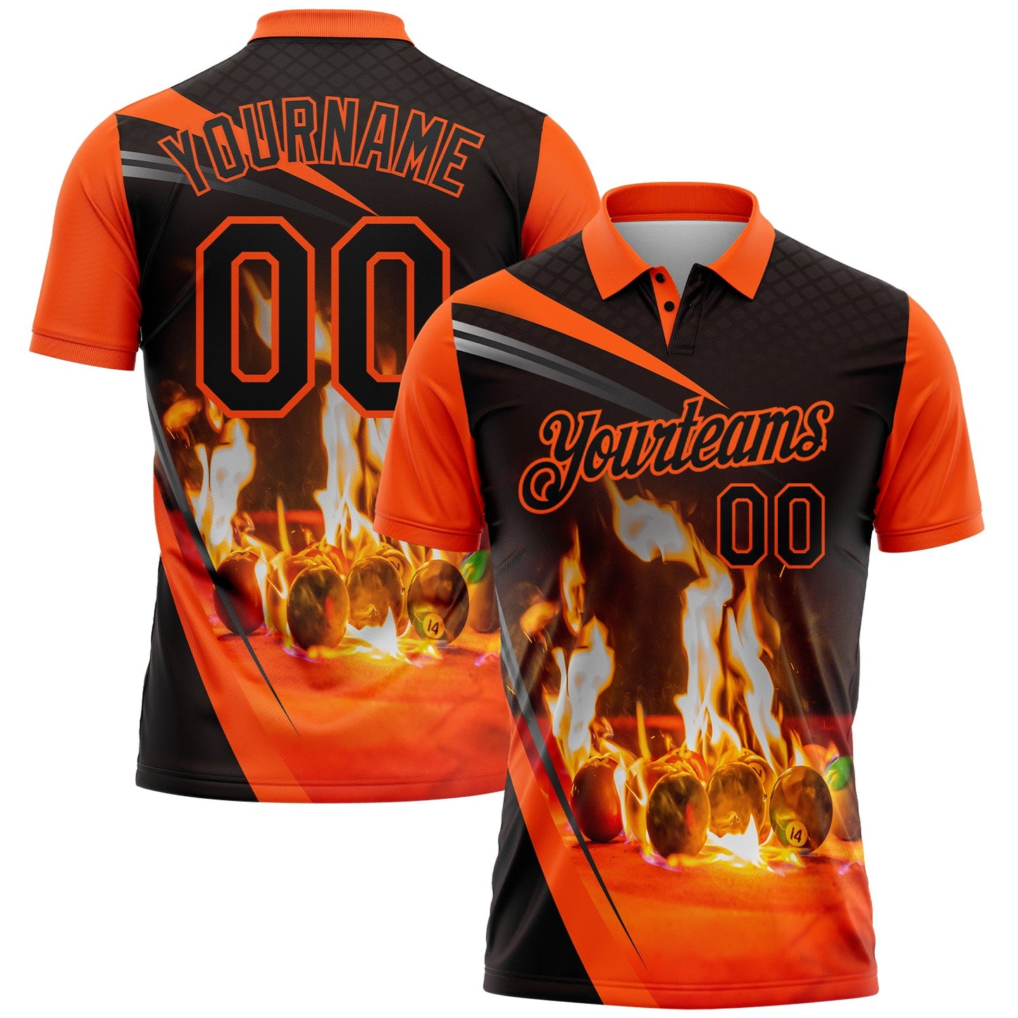 Custom Black Orange 3D Pattern Design Flame Billiards Performance Polo Shirt - Main View