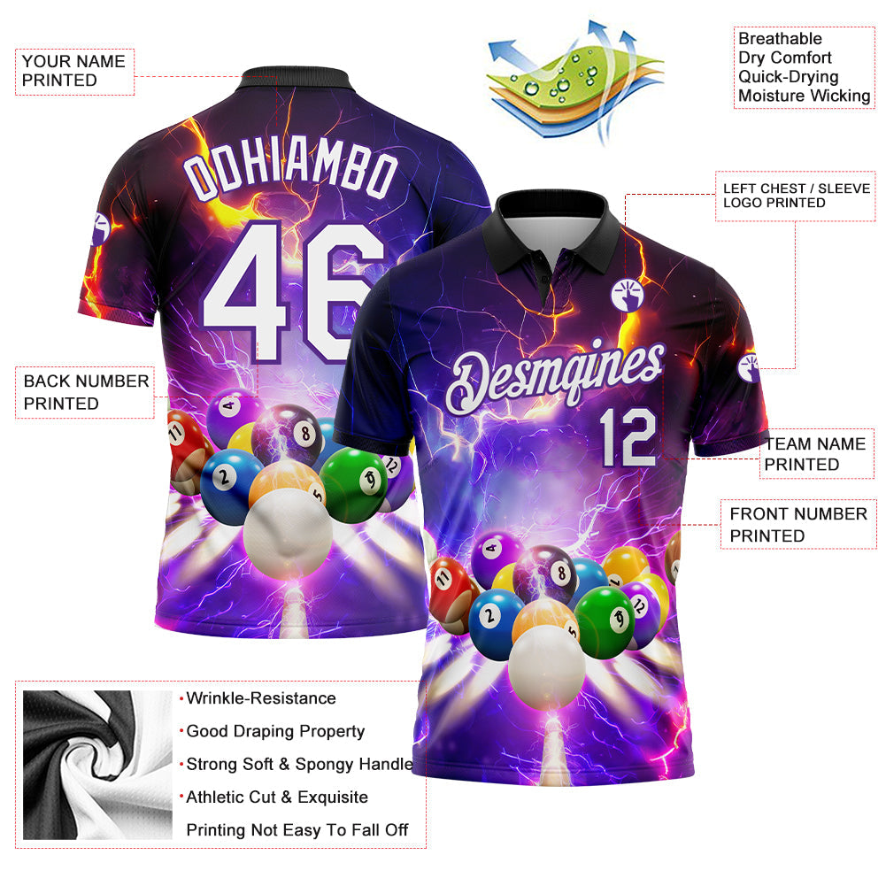 Custom Purple White-Black 3D Pattern Design Billiards Performance Polo Shirt view 2