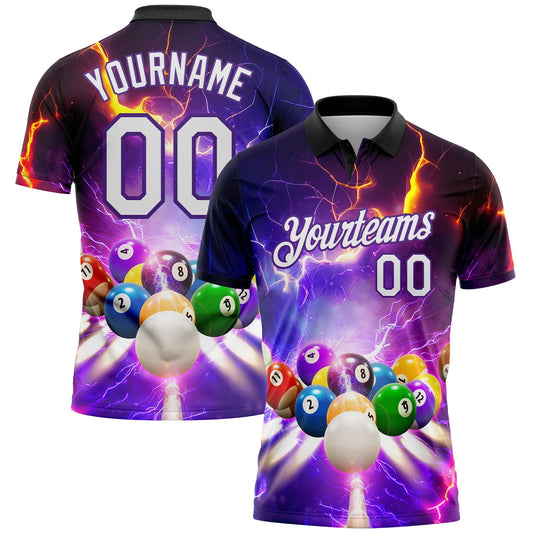 Custom Purple White-Black 3D Pattern Design Billiards Performance Polo Shirt - Main View